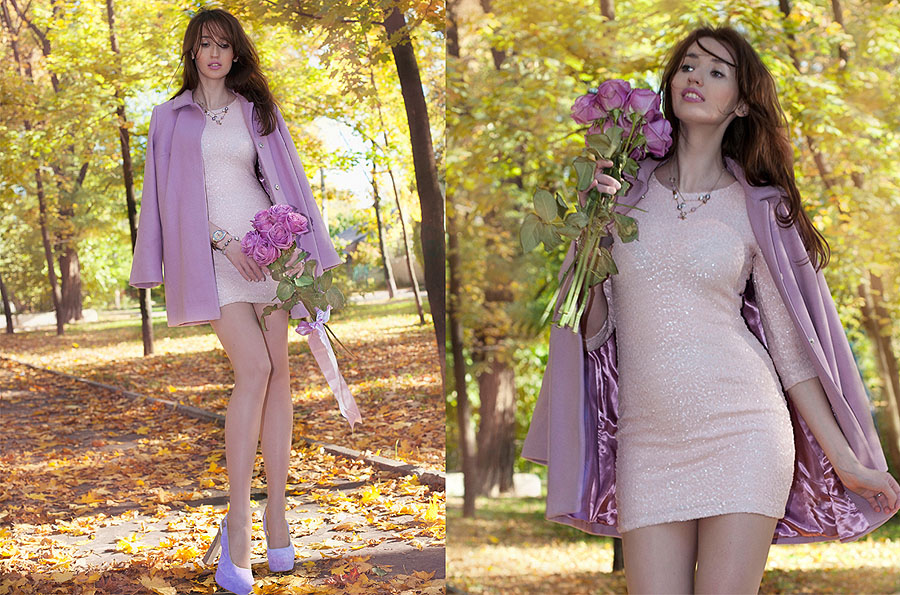 блеcтящее платье цвета nude пайетки и пастельные тона в аксессуарах